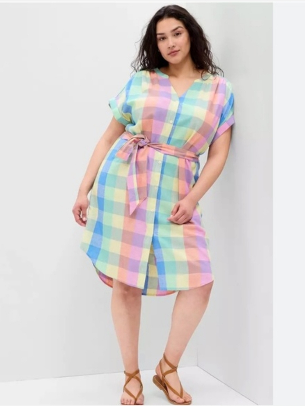 Pastel Spring Linen Pocketed Shirt Dress Short Sleeve Buffalo Plaid